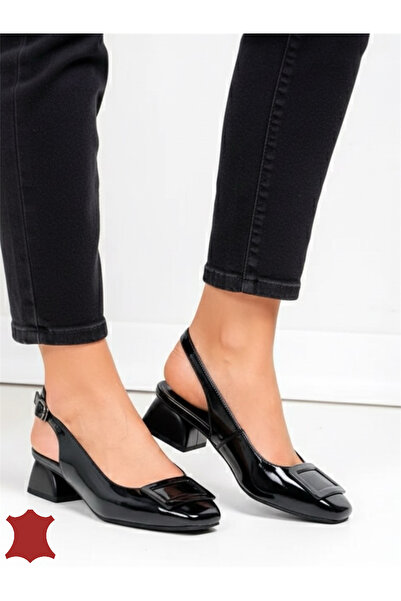 ANGEL BLUE Women's black patent genuine leather shoes with metal decoration and chunky heel