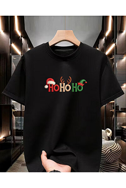 BG BASKI ATÖLYESİ Yeni Yıl Temalı Merry Christmas Ho Ho Ho Baskılı Unisex Basic Bisiklet Yaka Tişört