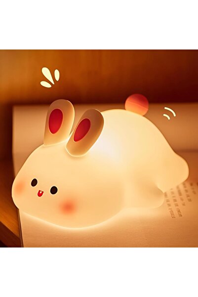 BORTONY Rabbit Night Light - Silicone, 3-Color Dimmable Touch Lamp, Rechargeable (Big Face Rabbit)