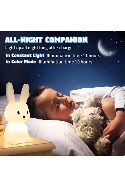 YHRY Night Light for Kids Cute Bunny - USB Rechargeable Silicone, 7 Colors, 3-Hour Timer, BPA Free