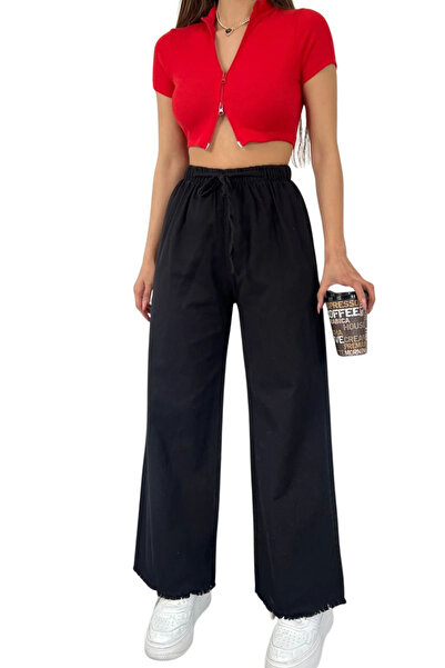 EUTHENİA Palazzo Pants Tassels on the Legs -Black