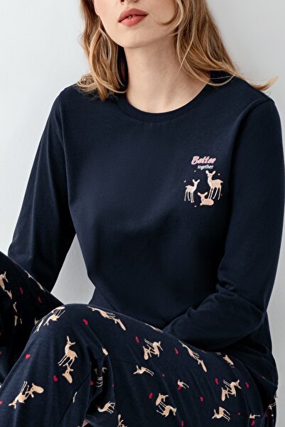 White Velvet Women's Navy Blue Color 100% Cotton Round Neck Long Sleeve Deer Printed Pajamas Set