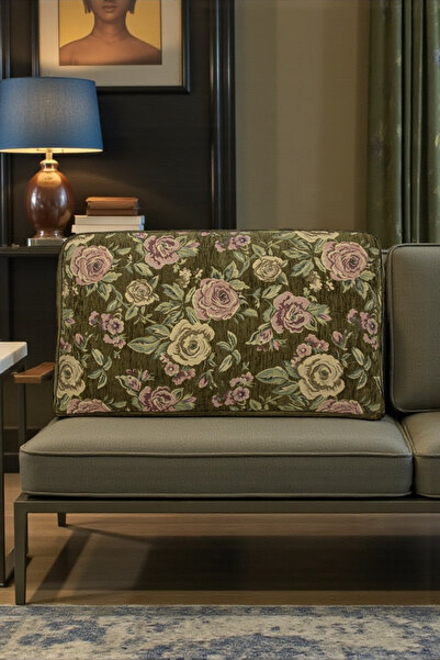 AYPETEKS Şantuk Kadife Çiçek Desenli Yeşil Kutu Model Koltuk Sırt Minder Kılıfı -Büyük Sırt Kırlent Kılıfı