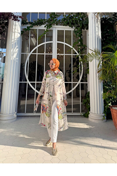 BZ BUTİK Desenli kupra kumaş Uzun Tunik – Ekru Üzerine Canlı Çiçekler