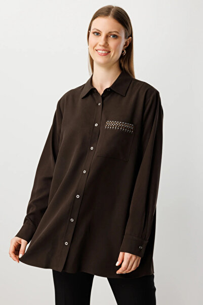 Ekol Cebi Taş İşlemeli Büyük Beden Gömlek