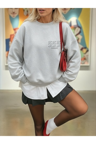 ArtYus Unisex Long Sleeve 555 Change Transfer Printed Oversized Crew Neck Sweatshirt