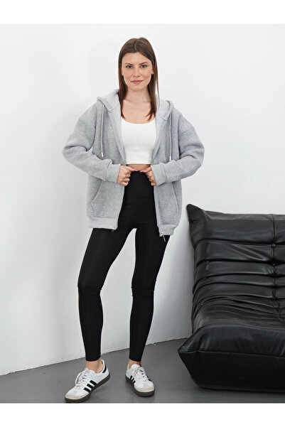 TH COLLECTİON 3-Thread Brushed Inside Zipper Hooded Cardigan Gray - m