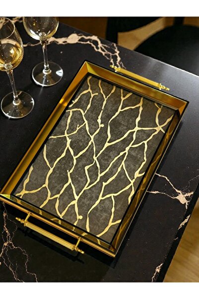 Mia Premium Kalite Orjinal İç Kabartmalı Cam Modern Çay Kahve Tepsi