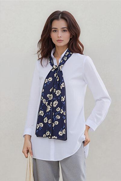 Walkenzo Floral Patterned Double-Sided Silky Elegant Twilly Women's Scarf