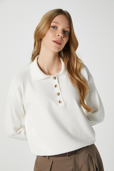 Ritnice Women's Lily Premium Yarn Polo Neck Ecru Knitwear Sweater