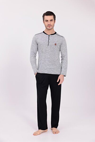 BLACKMORE Men's Grey Jacquard Winter Long Sleeve Cotton Pajama Set