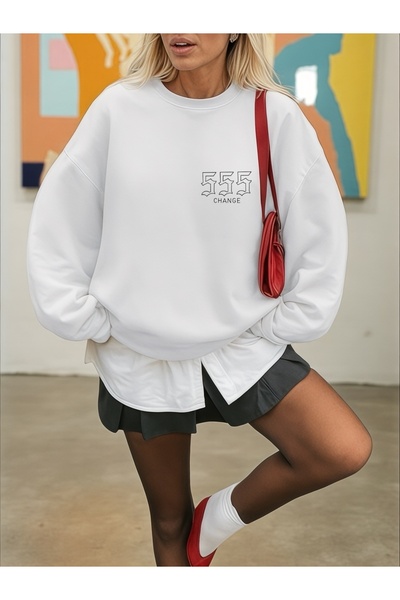 ArtYus Unisex Long Sleeve 555 Change Transfer Printed Oversized Crew Neck Sweatshirt