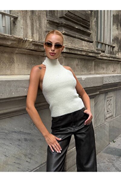 Estilo Дамски рибарски пуловер с халтер врат, отворена гръб, мека текстура и ...