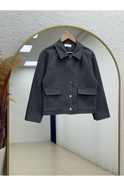 MİHRA STORE Belita Metal Buttoned Short Cashmere Jacket-En2170 Anthracite