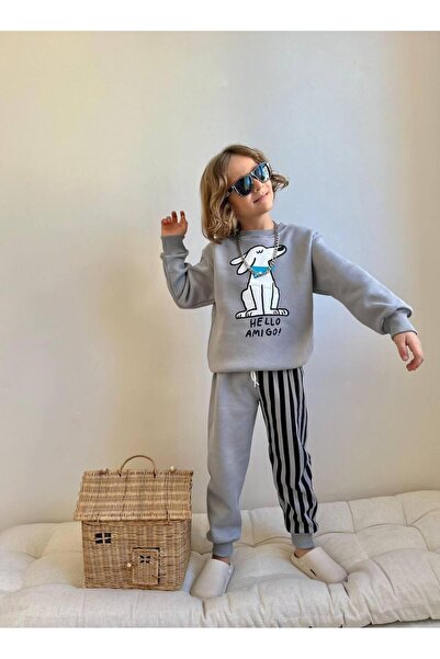RAPAPA Boy's Printed 3 Thread Ş Fleece-Lined Tracksuit Set – Striped Bottom Design 4129g