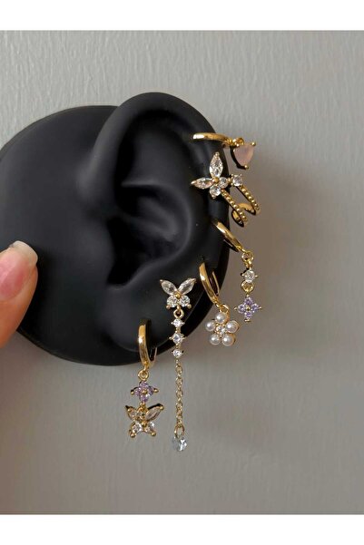 h&b design jewel Çelik Kelebek Detay Mor Taşlı 6 Lı Küpe Seti