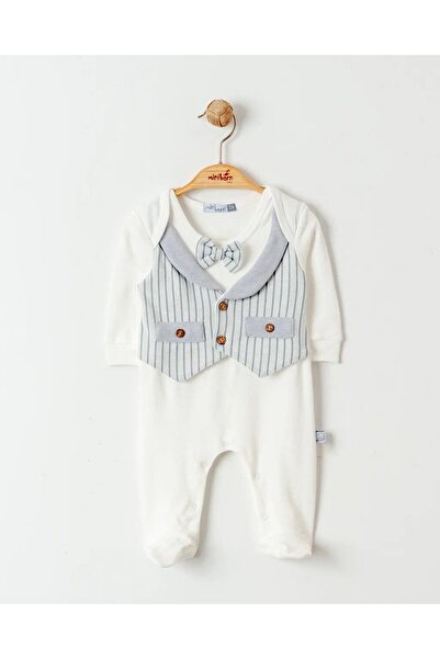 MİNİBORN Stylish Cotton Bow Tie Striped Long Sleeve Baby Boy Romper