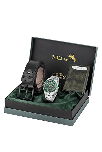 Polo Air Otomatik Mekanizmalı Cüzdan Kemer Set Erkek Kol Saati Gümüş Yeşil Re...