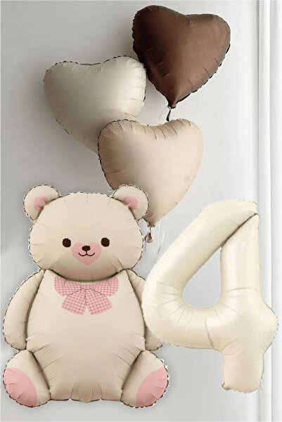 Bunloon 4 Yaş Krem Folyo ve Krem Papyonlu Ayı Figürlü Kalp Temalı Doğum Günü ...