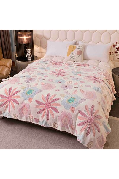 JOJO HOME Thin cocolino blanket, 200x230cm, plush microfiber, Pink flowers