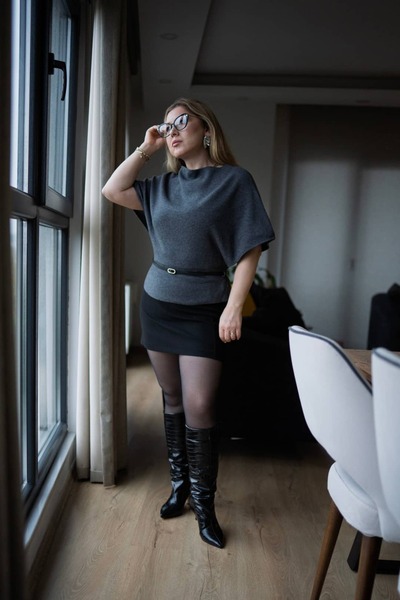 Serpirella Butik Boat Neck Batwing Sleeve Belted Knit Sweater