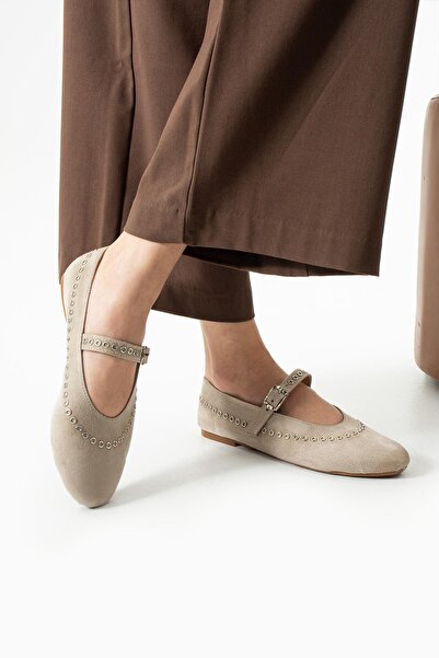 dabab shoes Lùnary Beige Round Toe Bird's Eye Detailed Buckle Mary Jane Ballet Flat Shoes