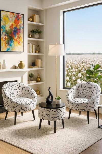 KOKİ DESİGN LİDA Siyah Çizgili İkili Berjer Seti ÖZEL SEHPALI (Salon, Balkon,...