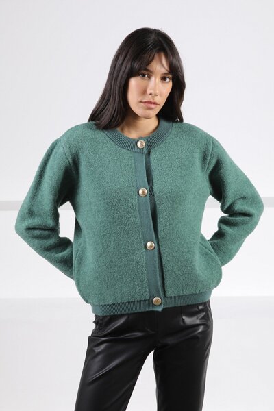 Ferraro كارديجان نسائي منسوج بياقة مستديرة وأزرار خضراء