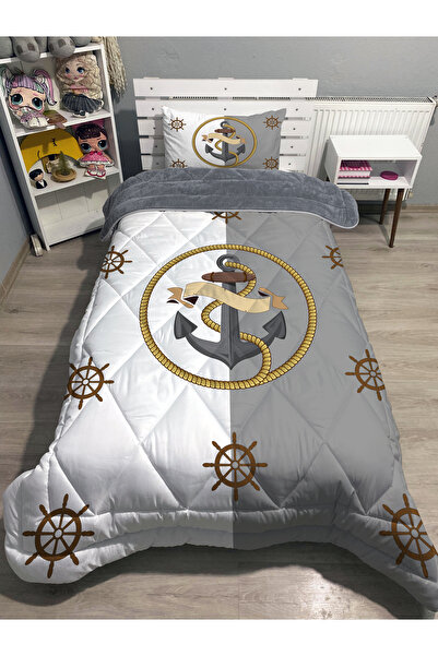 yok yok evim eve dair her şey Welsoft Fluffy Double-Sided Anchor Patterned Single Quilt Sleeping Set