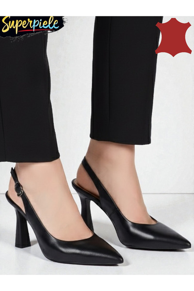 ANGEL BLUE Women's elegant leather black shoes with heel and pointed toe