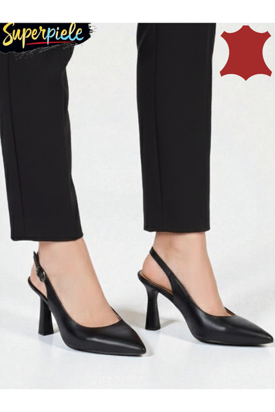 ANGEL BLUE Women's elegant leather black shoes with heel and pointed toe