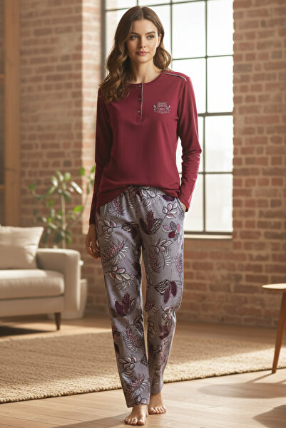PİJAPİA Premium 100% Cotton Women's Long Sleeve Pajama Set Burgundy