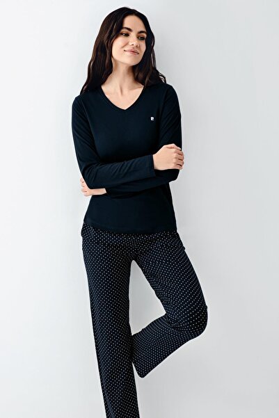 Pierre Cardin Women's Navy Blue Pajama Set, V-Neck, Plus Size, 50% Cotton 50% Modal