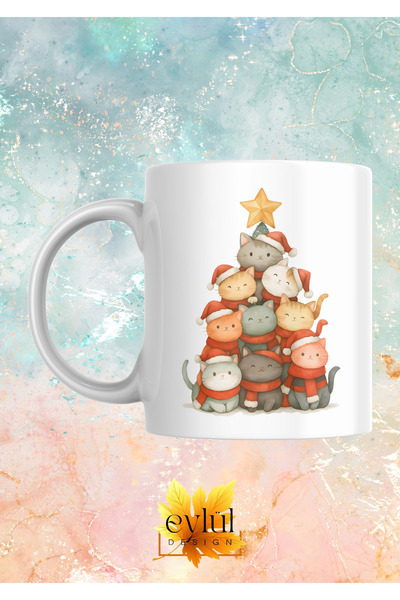 Eylül Design Cute Cats with Christmas Hats New Year Special Design Printed Mu...