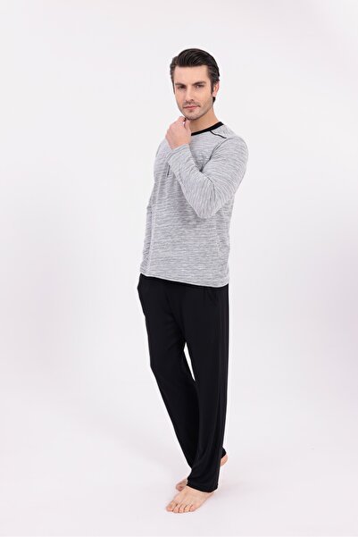 BLACKMORE Men's Grey Jacquard Winter Long Sleeve Cotton Pajama Set