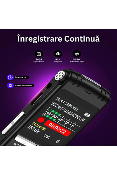 Velixo Επαγγελματική συσκευή εγγραφής φωνής, οθόνη 1,44", 64GB, MP3/WAV, μείωση θορύβου, ενεργοποίηση φωνής, USB-C