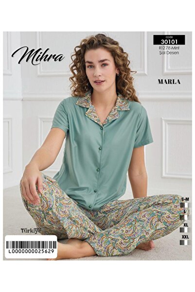Mihra Marla Short Sleeve Bottom Long Button Pjt6701 Pajama Set