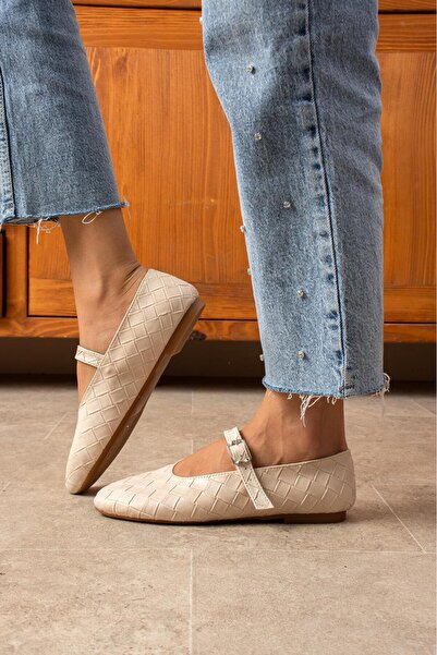 dabab shoes Lévana Women's Ecru Knitted Textured Buckle Round Toe Mary Jane Ballet Flat Shoes