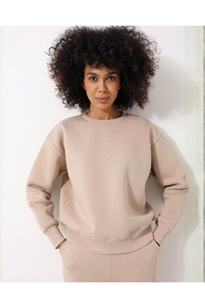 AMİDA Femei Bej guler rotund basic Swea tricou - 2533