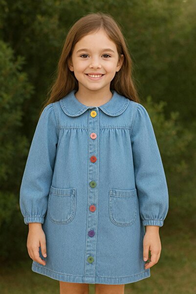 mayakids فستان بناتي من الدنيم بأزرار ملونة ياقة دائرية