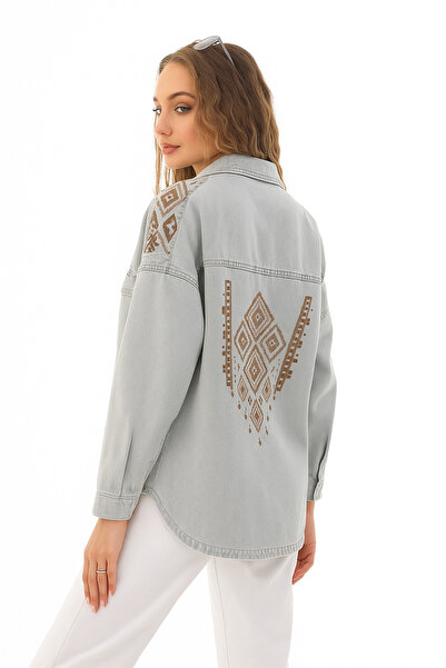 ESB Design Women's Blue Pocketed Ethnic Seasonal Buttoned Long Denim Embroidered Jeans Jacket A36-085