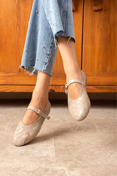 dabab shoes Lévana Women's Beige Knitted Textured Buckle Round Toe Mary Jane Ballet Flat Shoes