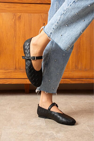 dabab shoes LÉVANA Γυναικεία Μαύρα Πλεκτά Παπούτσια με Πόρπη με Στρογγυλή Μύτη Mary Jane Flat παπούτσια