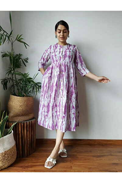 IndHeritage Premium pure cotton white & purple colour dress with bagru prints for women
