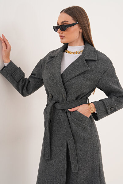 Pinpery Women's Anthracite Belted Lined Long Button Detailed Cashmere Coat