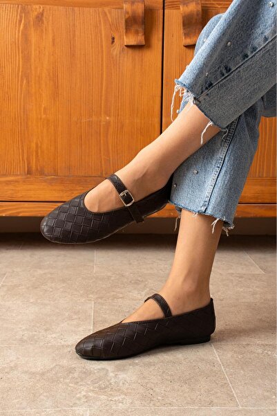 dabab shoes Lévana Women's Bitter Brown Knitted Textured Buckle Round Toe Mary Jane Ballet Flat Shoes