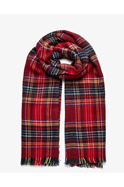 ibeeka Plaid Patterned Red Tasseled Puff Thick Shawl Scarf