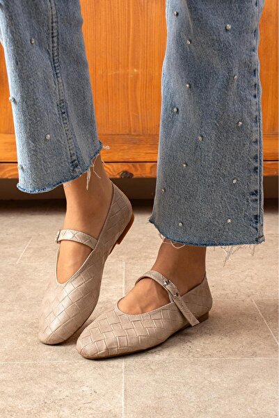 dabab shoes Lévana Women's Beige Knitted Textured Buckle Round Toe Mary Jane Ballet Flat Shoes