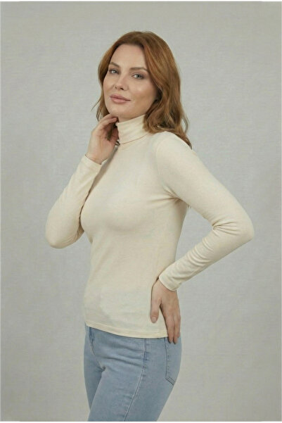 nacar çarşı Kadın Likralı Esnek Yarım Balıkçı Uzun Kollu Krem Badi