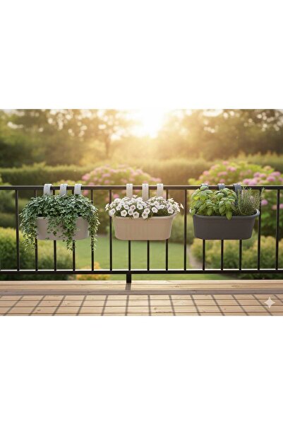 Poliva 3 Adet 6,5 Litre Renkli Askılı Balkon Küpeşte Saksısı Seti Sütlü Kahve...